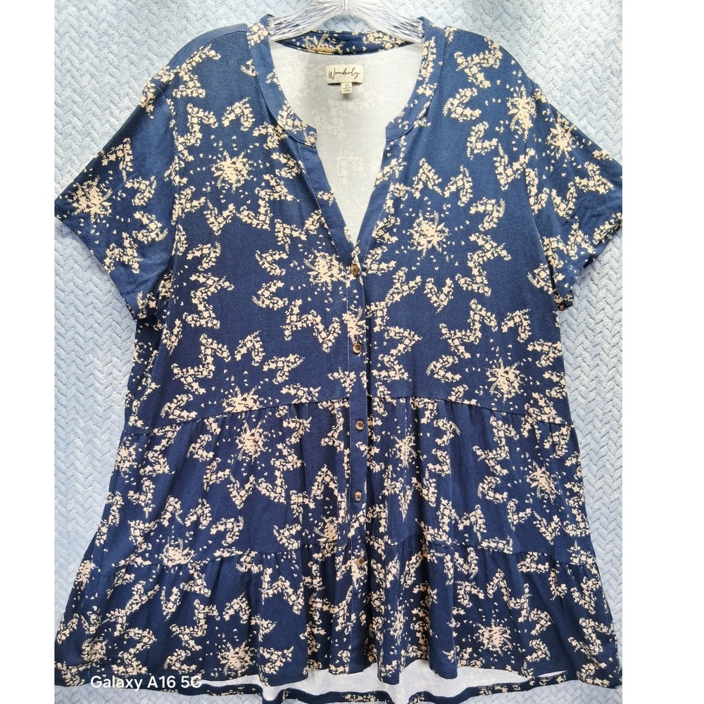 Wonderly Navy Blue Floral Tiered Babydoll Top Short Sleeve 3X Hippie Stretchy